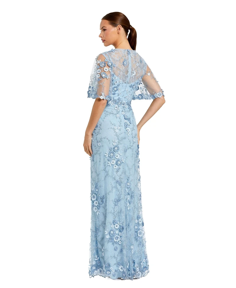 Mac Duggal Women's Flutter Sleeve Floral Emboridered Net Gown