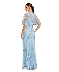 Mac Duggal Women's Flutter Sleeve Floral Emboridered Net Gown