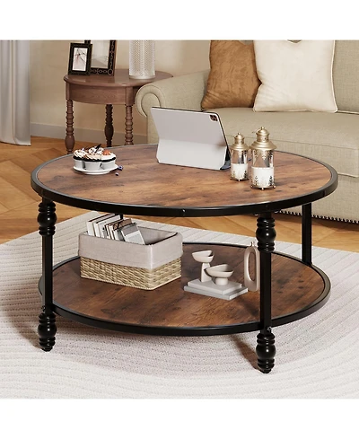 gaomon Round Coffee Table, 31" Coffee Table with Open Storage Shelf, 2-Tier Industrial Circle Wood Center Table for Living Room