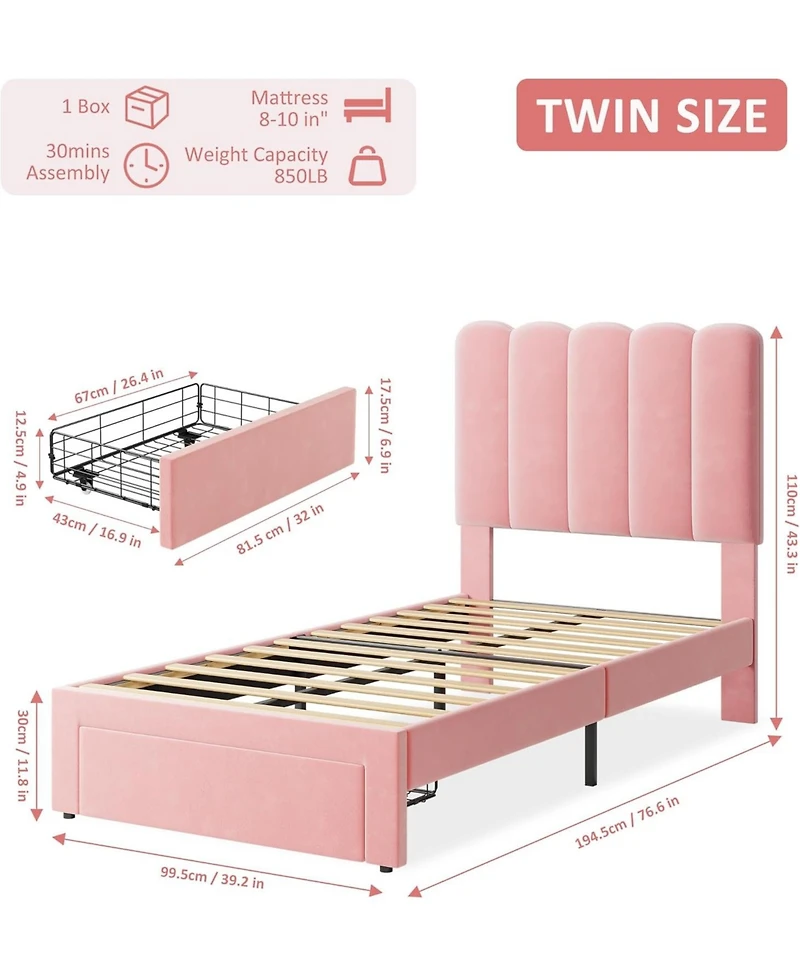 gaomon 2 Sets Twin Bed Frame with Under-Bed Drawer, Upholstered Platform Bed with Wave Headboard for Kids/Girls, Wooden Slats Support, Velvet Pink