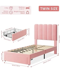 gaomon 2 Sets Twin Bed Frame with Under-Bed Drawer, Upholstered Platform Bed with Wave Headboard for Kids/Girls, Wooden Slats Support, Velvet Pink