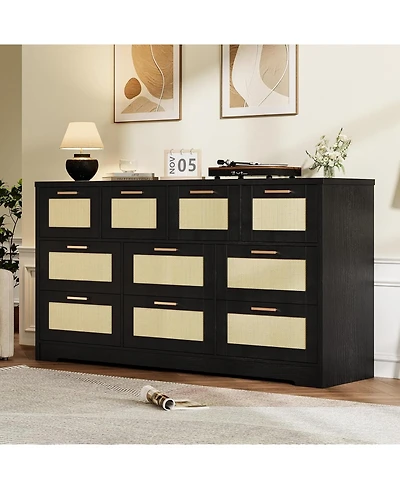 gaomon 10 Drawers Dresser for Bedroom, Rattan Chest of with Spacious Tabletop & Handles, Closet Organizer Tv Stand Living Room,