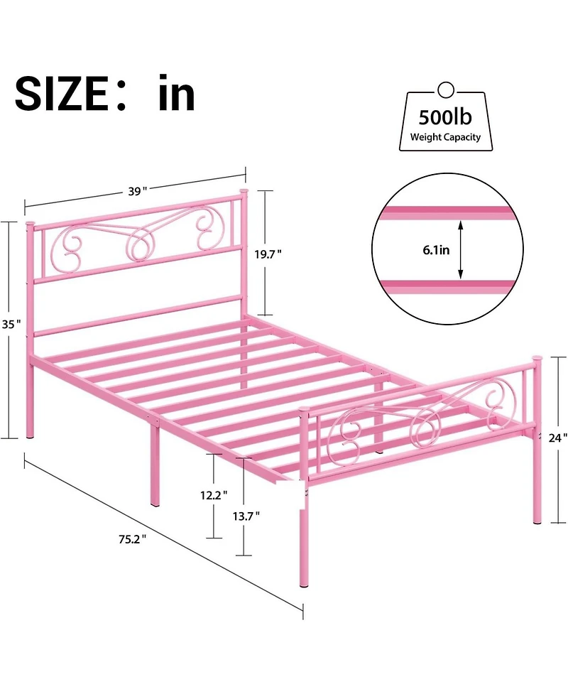 gaomon Twin Metal Platform Bed Frame with Headboard and Footboard, Steel Slat Support, Pink