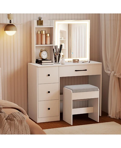 Volenca Vanity Desk and Chair Set with Sliding Lighted Mirror and 4 Drawers, Makeup Table