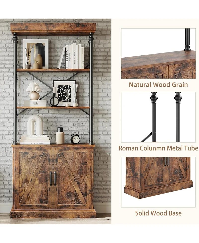 gaomon Tall Bookshelf with Doors, Industrial Freestanding Wood & Metal Bookcase, Storage Shelf Organizer for Bedroom and Living Room