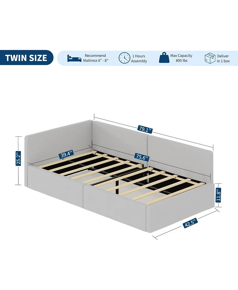 gaomon Twin daybed with headboard, Corner Bed Frame Rails, Velvet Upholstered Sofa Guardrail for Bedroom, Guest Room