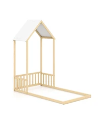 Slickblue Twin House-Shaped Bed with Roof and Semi Fence for Kids