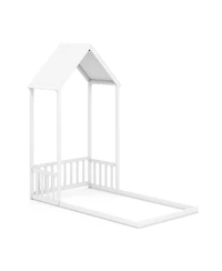 Slickblue Twin House-Shaped Bed with Roof and Semi Fence for Kids