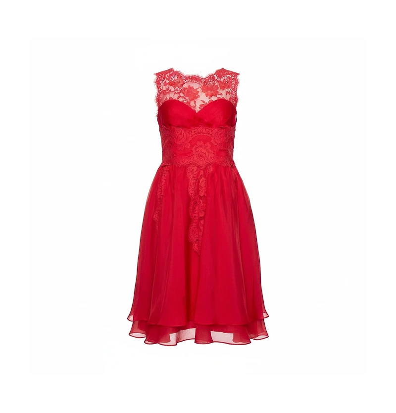 Pre-Owned Dolce & Gabbana Women's Red Silk Organza Lace Trim Flared Dress