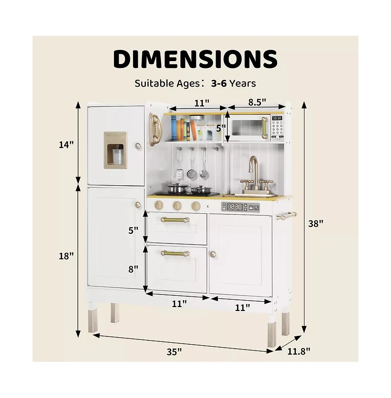 Kinder King Pretend Play Kitchen Wooden Toy Set for Kids w/Lights & Sounds, Utensils, Oven, Microwave