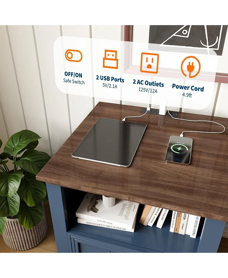 gaomon Set of 2 18 Inch Blue Fluted Wood Nightstands, Bedside End Table with Usb Charging Station