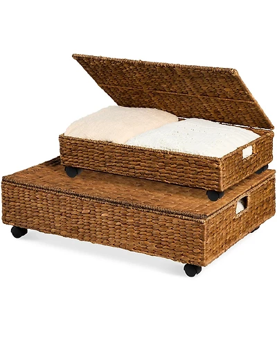 Best Choice Products 2PC Water Hyacinth Nesting Underbed Storage Baskets with Wheels