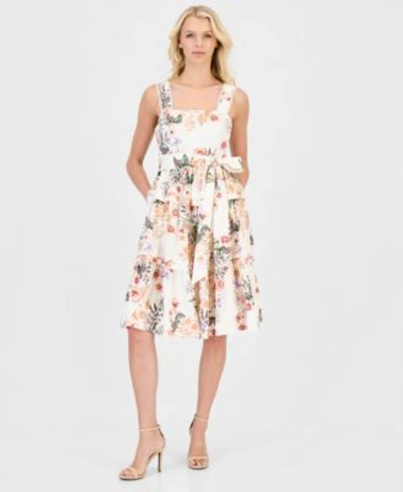 Anne Klein Womens Cotton Floral Tiered Fit Flare Dress