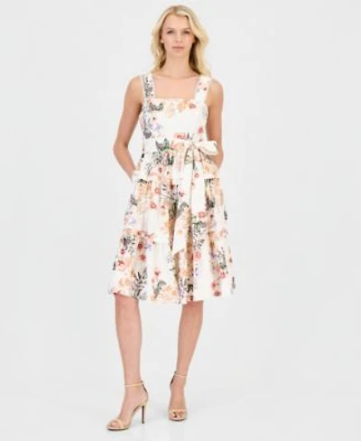 Anne Klein Womens Cotton Floral Tiered Fit Flare Dress
