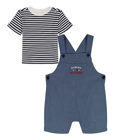 Tommy Hilfiger Baby Boys' Striped Crewneck T-Shirt and Signature Denim Shortalls, 2-Piece Set