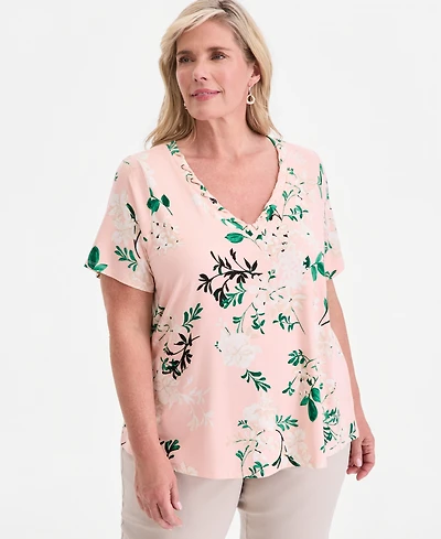 Jm Collection Plus Reve Garden V-Neck Lace-Up T-Shirt, Macy's Exclusive
