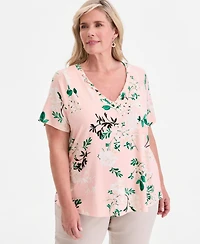 Jm Collection Plus Reve Garden V-Neck Lace-Up T-Shirt, Macy's Exclusive