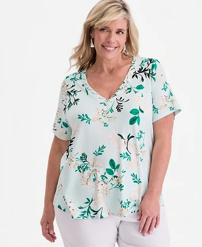 Jm Collection Plus Reve Garden V-Neck Lace-Up T-Shirt, Macy's Exclusive