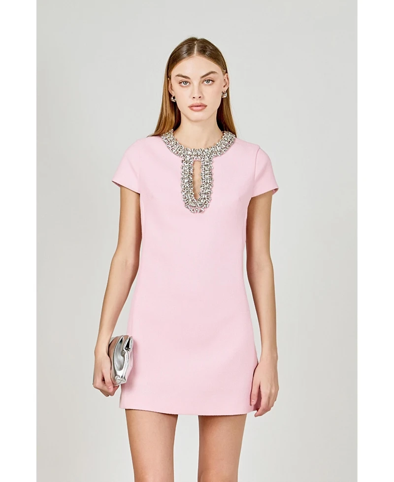 endless rose Women's Jewel Trim Neck Mini Dress