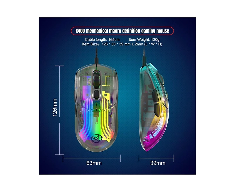 Risokeys Transparent Wired Gaming Mouse, 12800 Dpi Adjustable, Rgb Backlight, Ergonomic Lightweight Mouse for Gamers & Office Workers