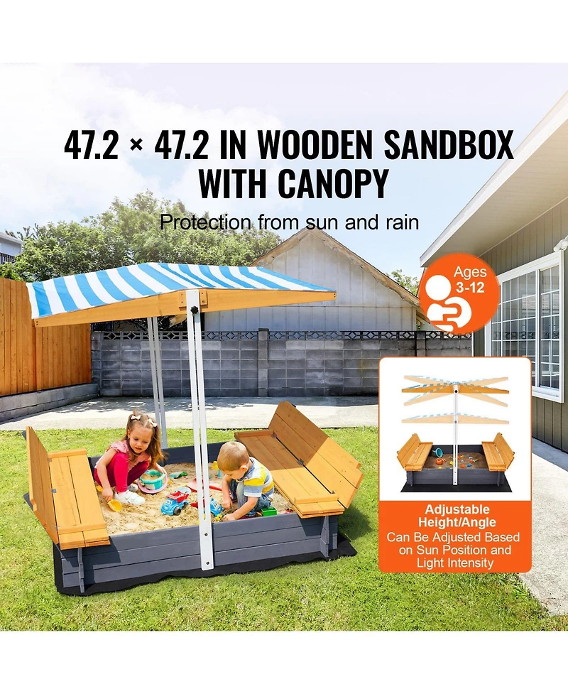 Sugift Large Wooden Sandbox with Canopy & Bench Seats