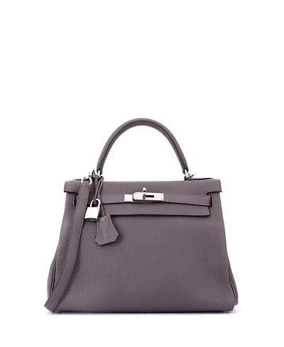Pre-Owned HERMES Kelly 28 Handbag Grey Clemence with Palladium Hardware