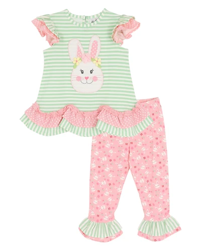 Rare Editions Girls' Toddler 2T-4T Bunny Applique Stripe Top and Printed Leggings, 2-Piece Set