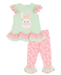 Rare Editions Girls' Toddler 2T-4T Bunny Applique Stripe Top and Printed Leggings, 2-Piece Set