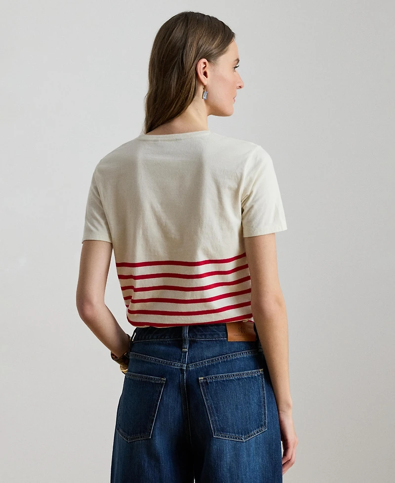 Lauren Ralph Women's Striped Embroidered Logo Crewneck T-Shirt