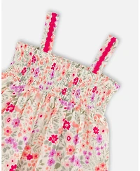 Deux par Deux Big Girls Tank Top with Smocking and Shorts Set in Muslin Off White Printed Flowers