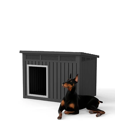 Decksplore 204 inclined top air pole kennel gray and black Durable Outdoor Kennel with Angled Roof for Optimal Drainage and Ventilation