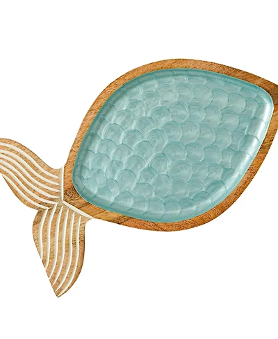 Uncommon Goods Seaside Fish-Shaped Acacia Wood & Enamel Serving Platter