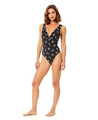 CeCe Women's Scallop Contrast V-Neck One-Piece Swimsuit