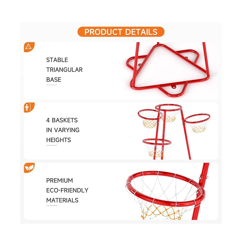 Bruce & Shark 4-Hoop Kids Basketball Set, Multi-Height Fixed Hoops for Family & Group Play