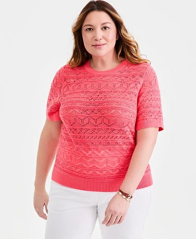 Style & Co Plus Short-Sleeve Cotton Pointelle Sweater, Macy's Exclusive