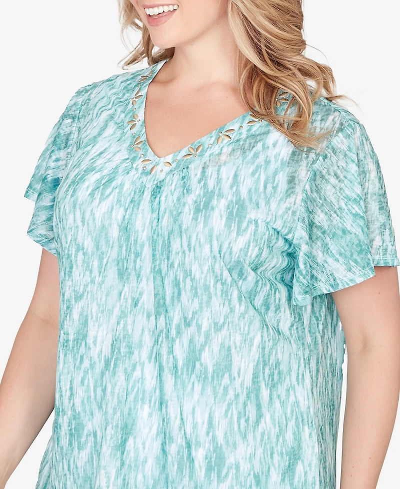 Hearts Of Palm Plus Printed Knit Burnout Short Sleeve V-Neck Top