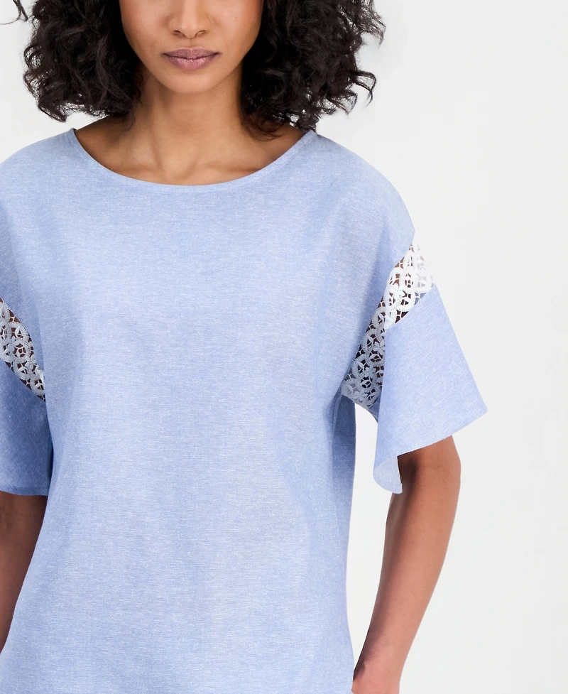 Anne Klein Women's Linen-Blend Flutter-Sleeve Lace-Trim Top