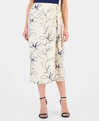 Anne Klein Women's Linen-Blend Embroidered Faux-Wrap Midi Skirt