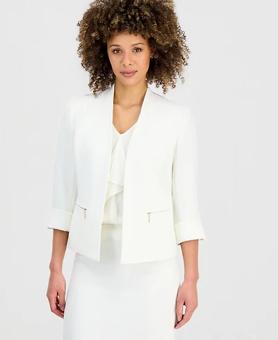 Kasper Women's Collarless 3/4-Sleeve Zip-Pocket Jacket