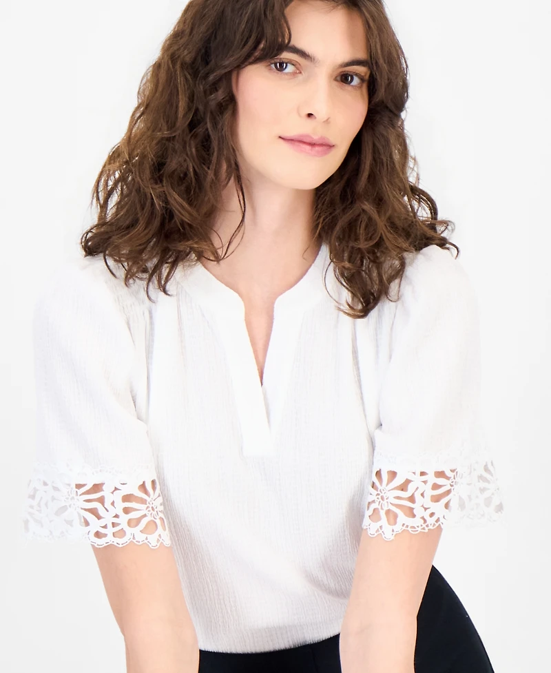 Anne Klein Women's Split-Neck Lace-Trim Top