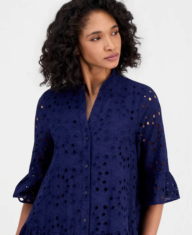 Anne Klein Women's Eyelet Embroidered Cotton Flare-Sleeve Shirtdress