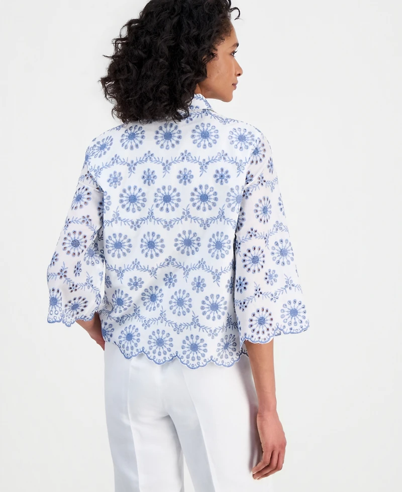 Anne Klein Women's Scalloped 3/4-Sleeve Eyelet Blouse