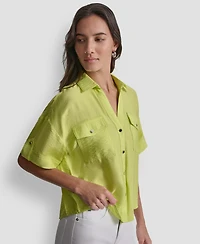 Dkny Women's Collared Neck Short Roll Tab Sleeve Shirt