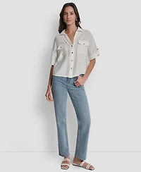 Dkny Women's Collared Neck Short Roll Tab Sleeve Shirt