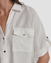 Dkny Women's Collared Neck Short Roll Tab Sleeve Shirt