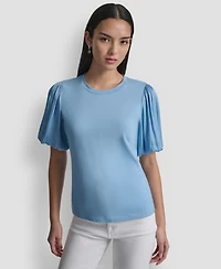 Dkny Women's Puffed Crewneck Mix Media Knit Top