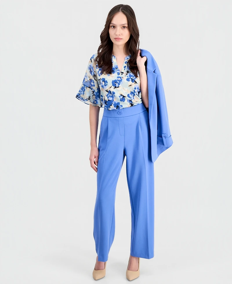 Anne Klein Essentials Petite Pleated Faux-Fly Pull-On Pants