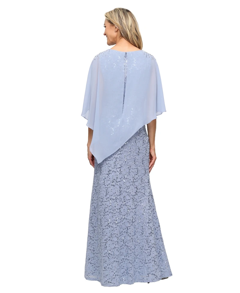 Sl Fashions Women's Sequin Lace Chiffon Caplet Gown
