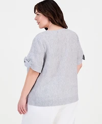 Charter Club Plus Beach Stripe Tie-Sleeve Linen Blouse, Macy's Exclusive