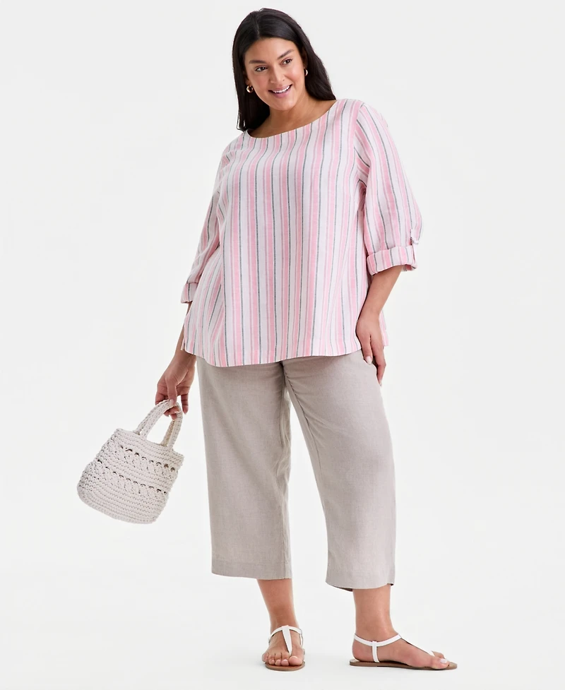 Charter Club Plus Linen Multi-Stripe Roll-Tab-Sleeve Top, Macy's Exclusive